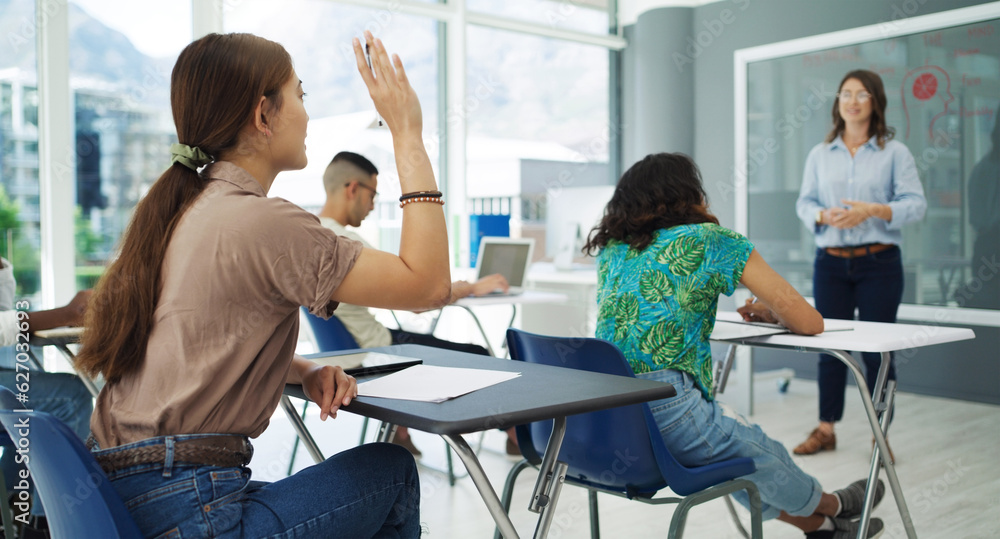 Leinwandbilder student, question and woman in a classroom with lecture and studying for college. university class, 