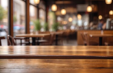 Empty Wooden Tabletop With Blurred Cafe Background