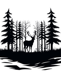 Vector illustration landscape with forest and deer