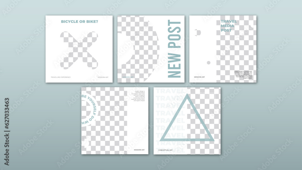 Poster 5 travel and hobby social media posts in abstract shapes and editable text. posts can help you to sh