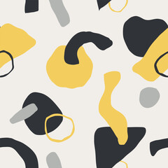 Hand drawn contemporary seamless pattern with abstract shapes. Background with modern Scandinavian cut out elements.