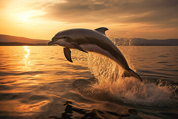 Beautiful Dolphin jumping out of water at sunset. Amazing wild life. Generative Ai