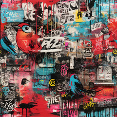Graffiti art birds repeat pattern, colorful funky 
