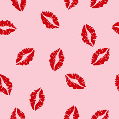 Red lip print on pink background. Seamless pattern with kiss. Decorative wallpaper for St Valentines day or wedding design. - 627034619