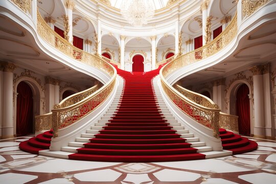 Medieval castle interior. Ai art. palace staircase with red carpet
