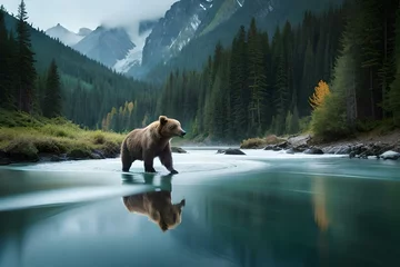 Fototapete Elchbulle brown bear in the lake generated AI