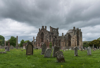 Merose abbey with graveyard.