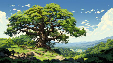 lush green oak tree ion a hill with blue sky and clouds in the background, vexel art