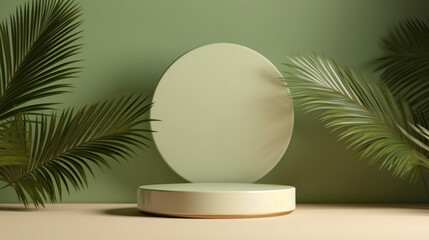 An empty light green plate in front of a green wall with some green leaves to present products.