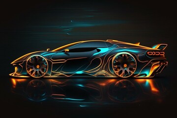 Futuristic side-view sports car with neon lights on dark background. Autonomous HUD car. Generative AI