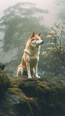 Naklejka na ściany i meble dog in a Foggy Forest of Wildflowers,Dog Animal Photography, Nature Photography