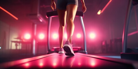 Close up on shoe athlete, Woman running in a gym on a treadmill concept for exercising and neon light, fitness and healthy lifestyle, generative ai