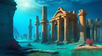 Ruins of an old historical legendary city under water. The Atlantic. A lost civilization. Generative AI
