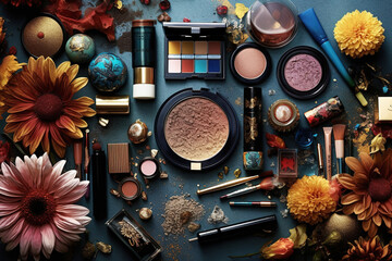 Fototapeta na wymiar Decorative cosmetics and tools on dressing table in makeup roomy. AI gerneration