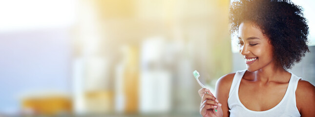 Dental, mockup and smile with black woman and toothbrush for brushing teeth, oral hygiene and self...