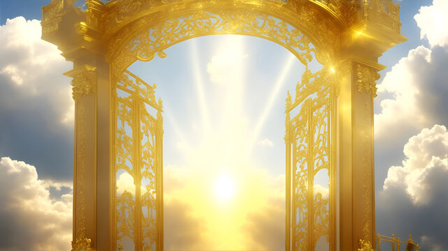 The golden gate in the clouds shining brightly, the entrance to the Kingdom of God.  AI generation
