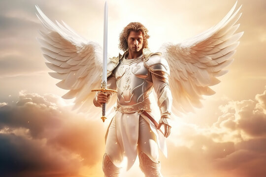 A shining angel in white clothes with a sword in his hand in the sky on the clouds, a defender of goodness and justice, a warrior of light, generation AI