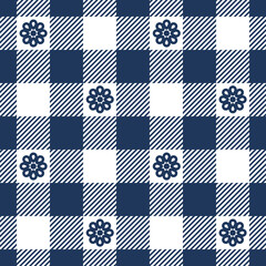 Gingham pattern with blue flowers. Seamless checkered fabric swatch. 