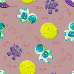 Fototapeta na wymiar Play dough Alien and Spaceman. Bright Cosmic Illustration. Handmade clay plasticine. Seamless image, cute background for print, printing, production, poster.