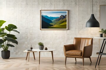 Blank wooden picture frame mockup on wall in boho style living room. Horizontal artwork template mock up for artwork, painting, armchair, photo or poster in interior design