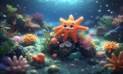 Cute Starfish Underwater With Coral And Reef, 3D Render