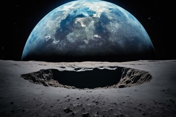 view of the Earth from the surface of the moon in blue - USA. Generative AI