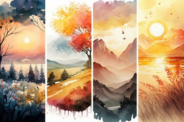 Watercolor natural landscapes with sun motifs. Generative AI