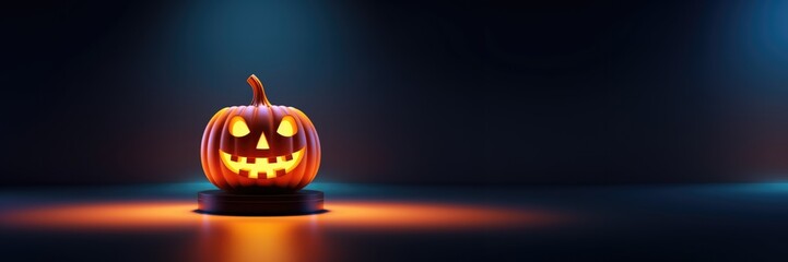 Halloween pumpkin on blank product stand with neon lights on black colors background, copy space, generative ai
