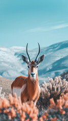 Deer in natural scenes, animal photography,Serene Deer in a Foggy Mountain Field,deer in the mountains