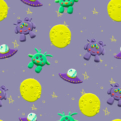 Play dough Purple and Green cute Aliens. The Big Moon. Bright Cosmic Illustration. Handmade clay plasticine. Seamless image. Background for print, printing, production, poster.