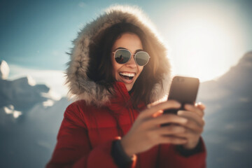 A young woman with her smartphone in hand, laughing and enjoying her vacation in the snowy mountains, chatting and sending messages to her friends.