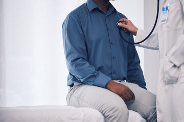 Doctor, patient and consultation with stethoscope for heart, healthcare services and medical mockup space. Closeup, cardiology and check lungs for breathing, chest assessment and hospital consulting
