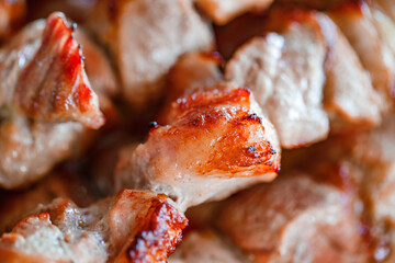 Grilled barbecue meat in chunks close-up, selective focus