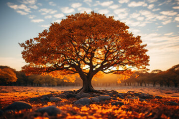 Naklejka na ściany i meble Autumn's Whispers: Tree of Life Represented by a Mesmerizing Autumn Tree. Generative AI