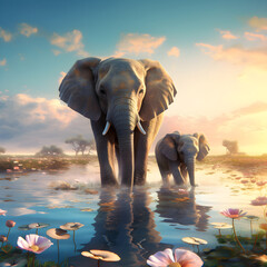 A beautiful sight of a tusk elephant and a baby elephant emerging from a beautiful lake in the morning. Generated Ai