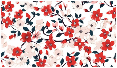 Small Red Pink Flowers with Leaves Seamless Pattern Vector For Digital Printing