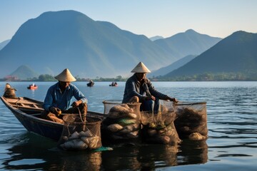Two men in a small boat on a body of water. Asian fishermen workers.