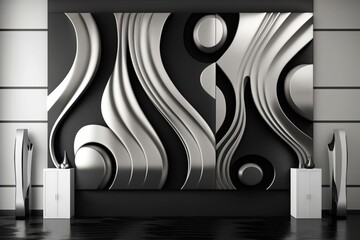 Monochrome colorway with a silver and ebony undulating motif backdrop. Generative AI