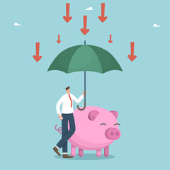 Secret weapon in the fight against the financial and economic crisis, ways to save savings and wealth from the influence of inflation, riskiness of investments, man with piggy bank under an umbrella.