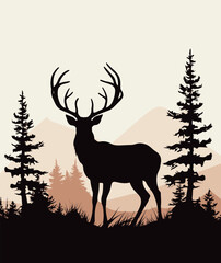 Vector illustration landscape with forest and deer