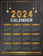 Gold 2024 calender design template vector start week on sunday and gradient color gold and black