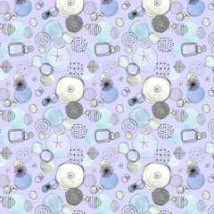 Trendy memphis watercolor blue balls and black stains. Hand painted lilac on lavender background.Minimal geometric design template. Modern color wallpaper print backdrop. Light effect poster design.