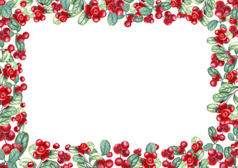 Fototapeta premium Rectangular frame of ripe, juicy cowberries isolated on transparent background. Cranberries, wild berries. Watercolor illustration of red berries with green leaves. Space for text. For your design