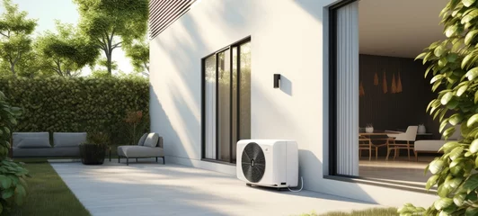 Peel and stick wall murals Old door air conditioning house facade. Air heat pump beside house, 3D illustration