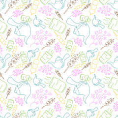 colorful doodle line Dango dessert with Japen tea and Sakura flower concept seamless pattern on white background. vector abstract illustration.
