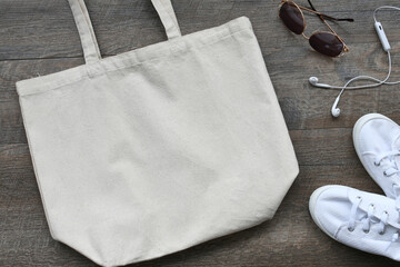 Plain reusable canvas tote bag flat lay suitable for mock up  - your design or logo