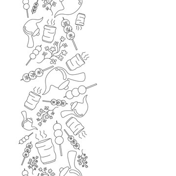 vertical doodle line Dango dessert with Japen tea and Sakura flower concept seamless pattern on white background. vector abstract illustration.