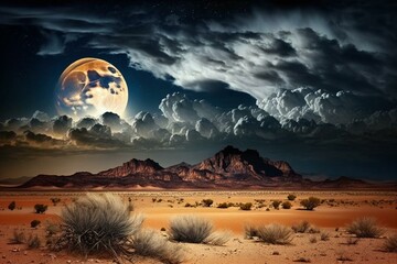 Moonlit desert landscape with clouds. Generative AI
