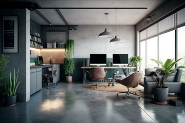Contemporary concrete workplace with tiled flooring, furnishings, gear, and relaxation space. Rendered in 3D. Generative AI