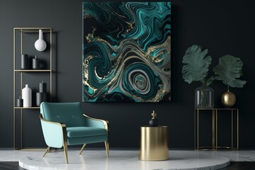 Contemporary abstract art featuring teal/black marble swirls, agate ripples, and gold powder on organic luxury background. Generative AI - obrazy, fototapety, plakaty